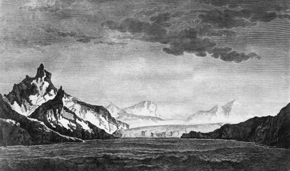 Landscape of Possession Bay på ön South Georgia, illustration från Voyage to South Pole, and Round World, av James Cook (1728-1779), upplaga publicerad i Paris 1778