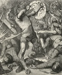Hereward skär sig fram genom den normandiska värjan.