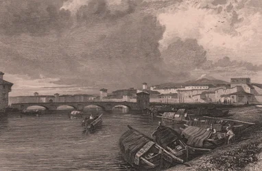 Vy över floden Arno i Pisa, Toscana, Italien, stålstick av Thomas Higham (1796-1844) efter teckning av James Duffield Harding (1798-1863)