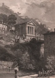 Vy över Clitumnus tempel längs floden Clitunno nära Campello sul Clitunno, Umbrien, Italien, stålstick av Jordan efter teckning av James Duffield Harding (1798-1863), cirka 10, 5x15 cm