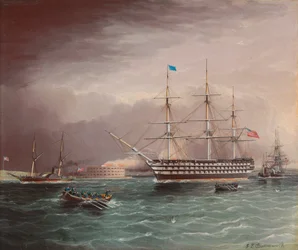 U.S.S. Pennsylvania under släp vid utbrottet av det amerikanska inbördeskriget med Fort Monroe i bakgrunden