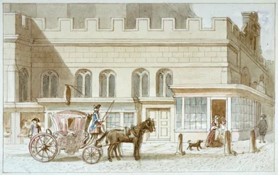 Butiksfronter vid St Dunstan-in-the-West, Fleet Street, City of London, 1820