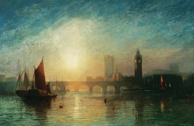 Utsikt över Westminster Bridge och Houses of Parliament, med hö pråm och annan sjöfart i förgrunden, 1869