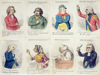 8 vinjetter som visar vältalighet, publicerade av Hannah Humphrey 1795 (handfärgad etsning)