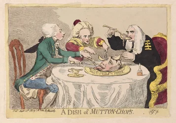 En maträtt med fårkotletter, pub. 1788 (handfärgad gravyr)