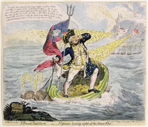 En fransk hagelstorm, eller Neptunus som förlorar Brest-flottan ur sikte, publicerad av Hannah Humphrey 1793 (handfärgad etsning)