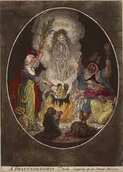 En Phantasmagoria; - Scen - Trolla fram ett beväpnat skelett., 5 januari 1803 (handfärgad etsning och akvatint på vävt papper)