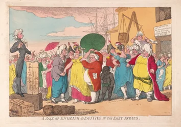 En försäljning av engelska skönheter i Ostindien, pub. 1786 (handfärgad gravyr)
