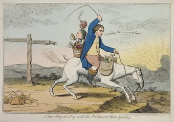 En solnedgång i dimman, med Old Hanover Hack som försvar, publicerad av J. Williams 1783 (handfärgad etsning)