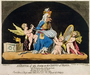 En vestal av -93 som försöker på Venus Cestus, publicerad av Hannah Humphrey 1793 (handfärgad etsning och gravyr med akvatint)