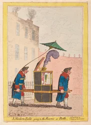 En modern Belle som går till rummen på Bath, pub. 1796 (handfärgad gravyr)
