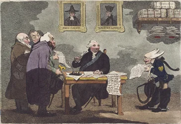 En nobel lord, om en annalkande fred, för upptagen för att ta hand om utgifterna för en miljon av allmänhetens pengar av James Gillray (beskuren)