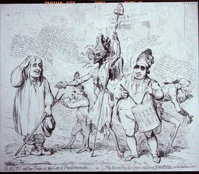 Alecto and her Train at the Gate of Pandemonium, eller The Recruiting Serjeant som värvar John Bull till Revolution Service, publicerad av S.W. Fores 1791 (etsning)