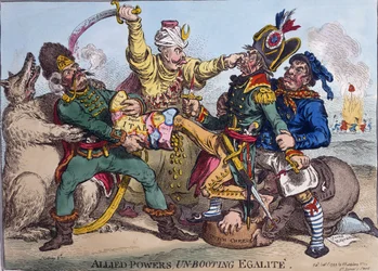 Allied Powers Un-booting Egalite, publicerad av Hannah Humphrey 1799 (handfärgad etsning)