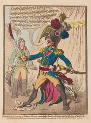 Bonaparte som hör av Nelsons Victory svär vid sitt svärd för att utrota engelsmännen från jorden, pub. 1798 (handfärgad gravyr)