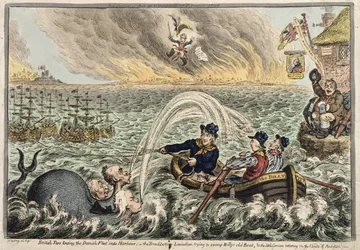Brittiska Tars som bogserar den danska flottan in i hamnen, eller The Broadbottom Leviathan som försöker tränga över Billys gamla båt, och den lilla korsikaneren som vacklar på ambitionernas moln, 1807 (handfärgad etsning