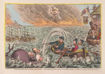 Brittiska Tars som bogserar den danska flottan in i hamnen: Leviathan med bred botten som försöker tränga in Billys gamla båt, & den lilla korsikaneren som vacklar på Ambitionsmolnen, pub. 1807 (handfärgad engra