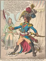 Buonaparte, som får höra om Nelsons seger, svär vid sitt svärd att utrota engelsmännen från jordens yta (ur: Karikatyr, vol. 1)
