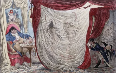 Karikatyr om Napoleon, Paul Barras, Joséphine och Mademoiselle de Fontenay, kallad Teresa (Theresa eller Terezia) Cabarrus, kallad Madame Tallien (Talien), eller: dessa damer dansar nakna för Barras under Napoleons smygande blick [Joséphine är vid denna