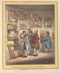 Konnässörer undersöker en samling av George Morlands, pub. 1807 (handfärgad gravyr)