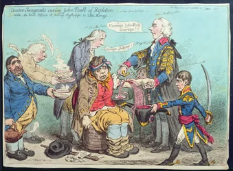 Dr Sangrado botar John Bull från Repletion, utgiven av Hannah Humphrey 1803 (handkolorerad etsning)