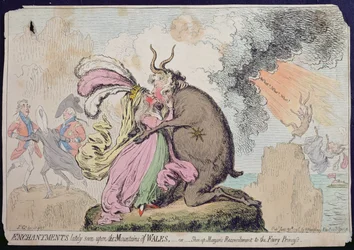 Förtrollningar som nyligen setts på berget Wales, eller Shon-ap-Morgans försoning med Fairy Princess, publicerad av Hannah Humphrey 1796 (handfärgad etsning)