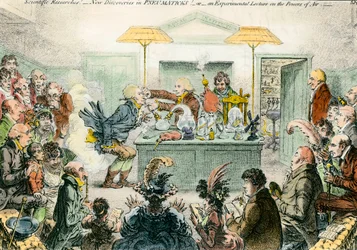 Engelsk satir på vetenskap: nya upptäckter i pneumatiska material. Satirisk teckning på entusiasmen för vetenskapliga konferenser på 1800-talet. Gravyr av James Gillray (1757-1815)