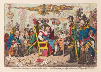 Franska generaler som går i pension på grund av sin hälsa:- med Lepaux som ordförande i Directorial Dispensary, pub. 1799 (handfärgad gravyr)