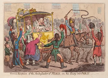 Härlig mottagning av fredens ambassadör vid hans inträde i Paris, pub. 1796 (handfärgad gravyr)