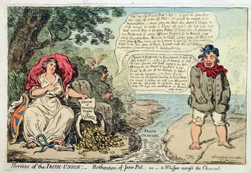 Den irländska unionens fasor: Botheration of Poor Pat, or A Whisper across the Channel, utgiven av Hannah Humphrey 1798 (handkolorerad etsning)