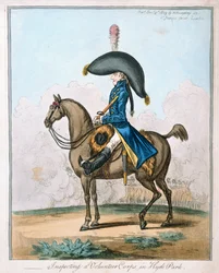 Inspecting a Volunteer Corps in Hyde Park, publicerad av Hannah Humphrey 1803 (handfärgad etsning)
