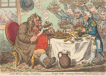 John Bull äter lunch - eller - Brittiska kockar proppar den gamle Grinmagen full med god mat (ur: Caricature, vol. 1)