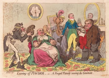 Leaving off Powder, or a Frugal Family save the Guinea, pub.1795 (handfärgad gravyr)