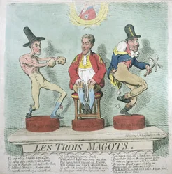 Les Trois Magots, utgiven av Hannah Humphrey 1791 (handkolorerad etsning)