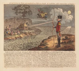 Lord Longbow, Alarmisten, upptäcker Irlands elände, pub. 1798 (handfärgad gravyr)