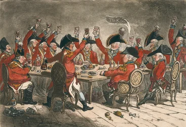 Loyal Souls, or A Peep into the Mess Room at St. James, utgiven av Hannah Humphrey 1797 (handkolorerad etsning)