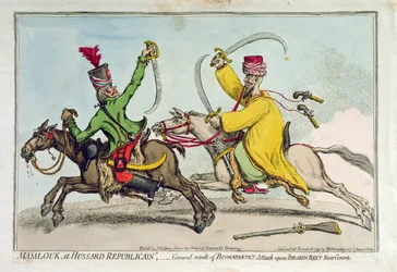 Mamlouk et Hussard Republicain, eller allmänt resultat av Bonapartes attack mot Ibrahim Beys (1735-1817) bakgarde, publicerad av Hannah Humphrey 1799 (handfärgad etsning)