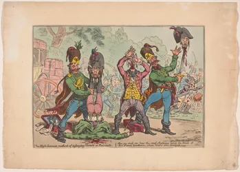 Österrikisk behandling av de franska sändebuden, 1799 Den högtyska metoden att förstöra ohyra vid Rat-stadt (titel på objekt)
