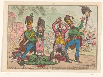 Österrikisk behandling av de franska sändebuden, 1799 Den högtyska metoden att förstöra ohyra vid Rat-stadt (titel på objekt)