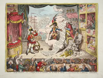 Pacific-Overtures, - eller- en flygning från St Clouds- over the Wter till Charlet. - en ny Dramatisk fred nu repeterar, pub. 1806 (handfärgad gravyr)