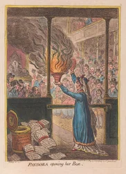 Pandora öppnar sin låda, pub. 1809 (handfärgad gravyr)