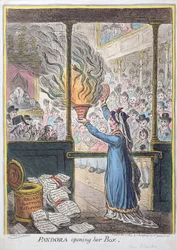 Pandora Opening her Box, publicerad av Hannah Humphrey, 1809 (handfärgad etsning)