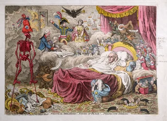 Politiska drömmar! - Visioner av fred! - Perspective Horrors! utgiven av H. Humphrey 1801 (handkolorerad etsning)