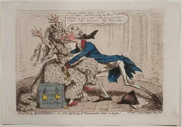 Political Ravishment, eller The Old Lady of Threadneedle Street i fara!, publicerad av Hannah Humphrey, 1797 (handfärgad etsning)