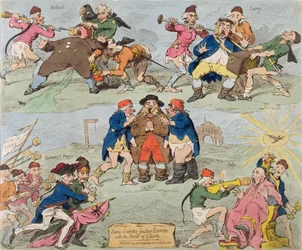 Sans-Culottes Feeding Europe with the Bread of Liberty, publicerad av Hannah Humphrey 1793 (handfärgad etsning)