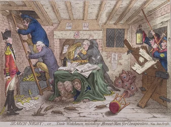Search Night, or The State Watchmen Mistaking Honest-men for Conspirators, publicerad av Hannah Humphrey 1798 (handfärgad etsning)