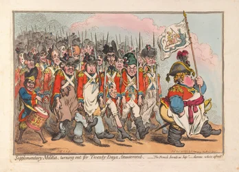 Kompletterande milis, som vänder ut för Twenty Days Amusement, pub. 1796 (handfärgad gravyr)