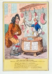 "Den brittiska slaktaren som förser John Bull med ett brödsubstitut", 1795