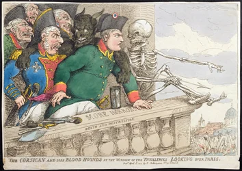 Korsikanen och hans blodhundar vid fönstret i Tuilleries, med utsikt över Paris, utgiven av Hannah Humphrey 1815 (handkolorerad etsning)