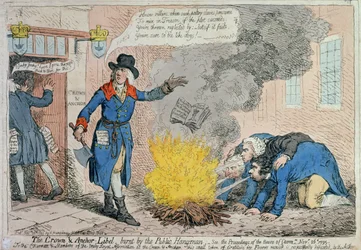The Crown und Anchor Libel burnt by the Public Hangman, utgiven av Hannah Humphrey 1795 (handkolorerad etsning)